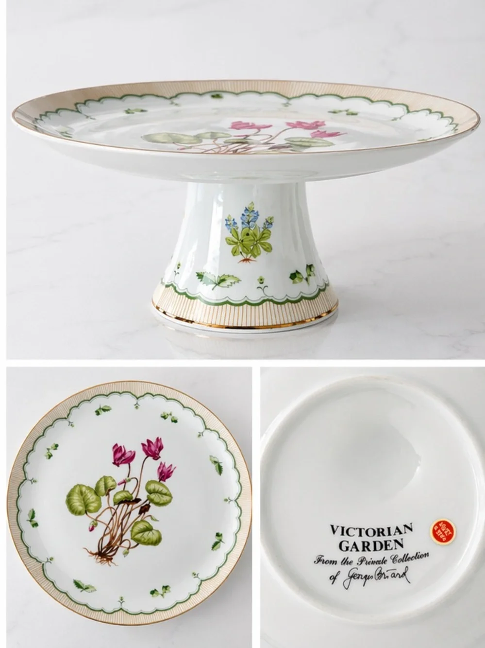 Victorian Garden Pedestal Cake Stand Floral Porcelain Footed Serving Plate